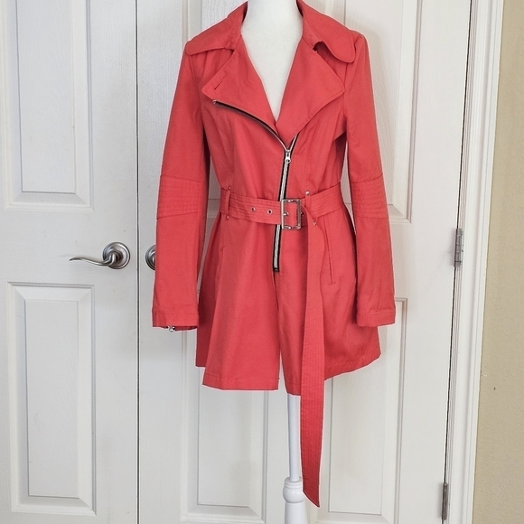 Black Rivet Belted Rain Trench Zip Coat Watermelon Size M - Picture 4 of 15